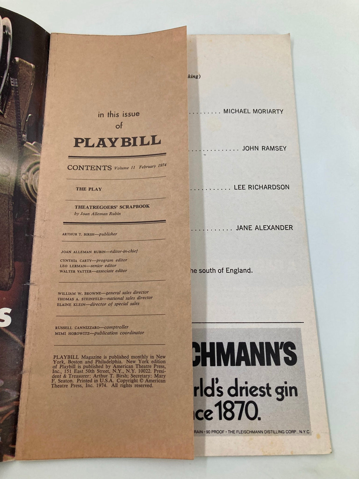 Interior view of the original 1974 Playbill from the Brooks Atkinson Theatre for 'Find Your Way Home' featuring credits and contributors for the production.