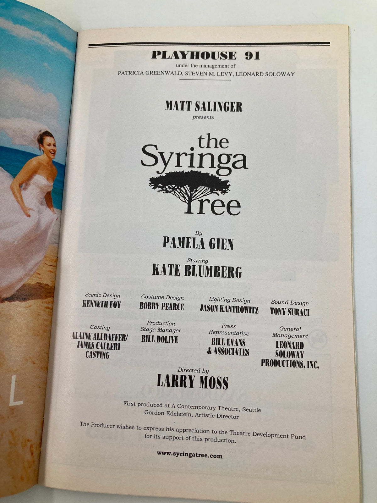 Details from the 2002 Playbill for The Syringa Tree, including cast and production credits, featuring performances by Matt Salinger and Kate Blumberg, a must-have for collectors.