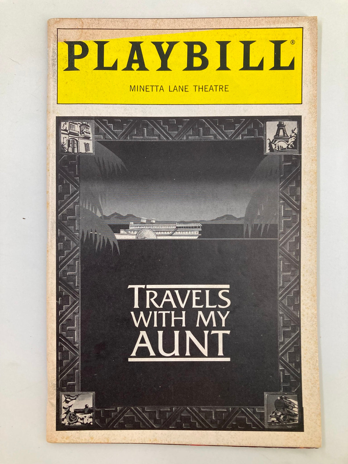 Front cover of the 1995 Playbill for 'Travels with My Aunt' at the Minetta Lane Theatre, showcasing a vintage design.