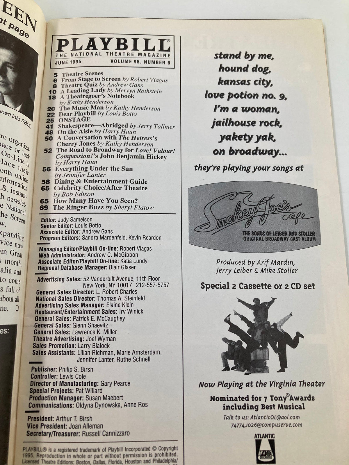 Interior page of the 1995 Playbill for 'Travels with My Aunt,' featuring theatre advertisements and listings.