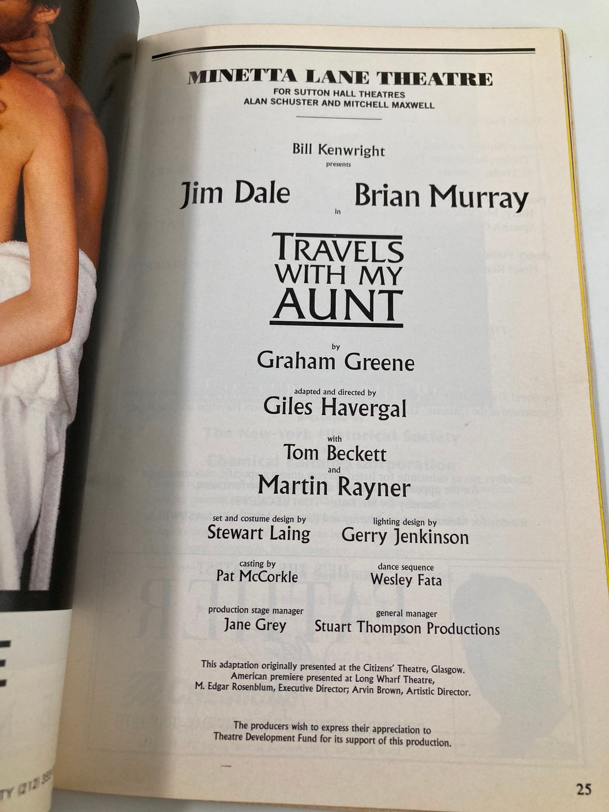 Cast and crew page of the 1995 Playbill for 'Travels with My Aunt,' highlighting Jim Dale and Brian Murray's performances.