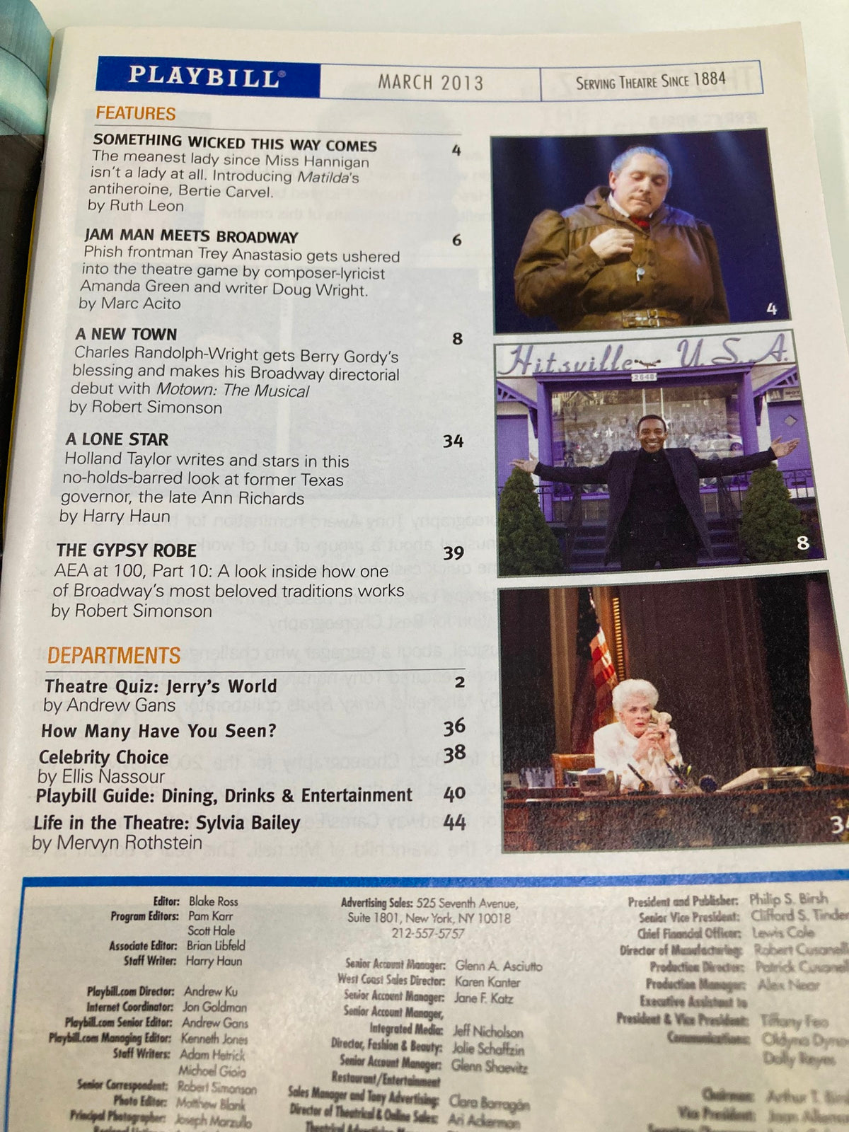Back cover page of the 2013 Playbill for The Nance, showcasing additional features and advertisements relevant to the theatrical landscape in March 2013.
