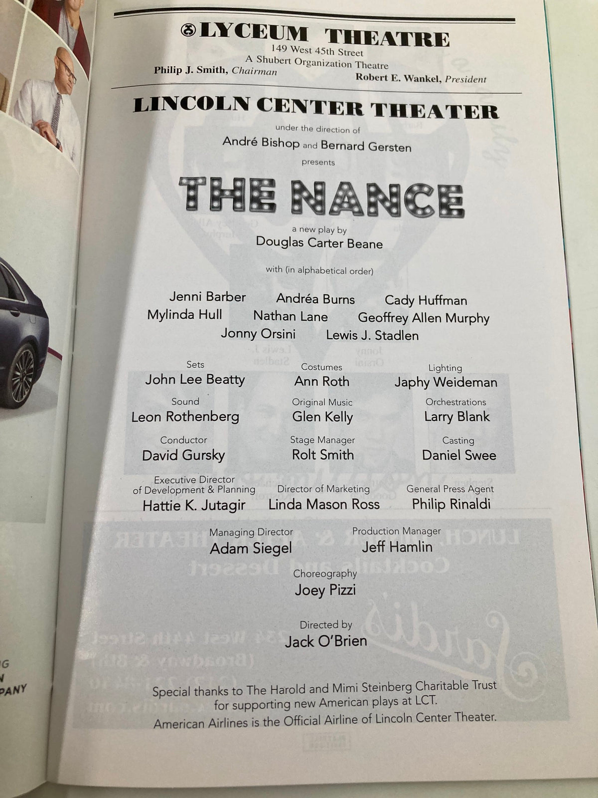 2013 Playbill Lyceum Theatre The Nance featuring cast members Jenni Barber and Andrea Burns, along with production credits, showcasing a unique piece of theatrical history.
