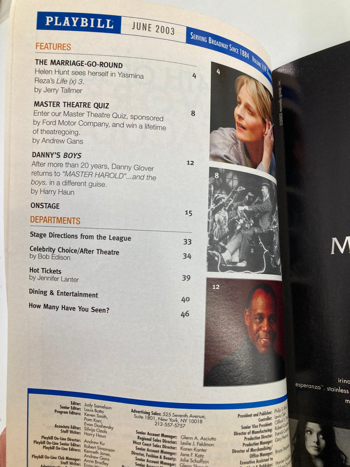 Inside page of the 2003 Playbill for Humble Boy, showcasing content and features including other shows and articles.