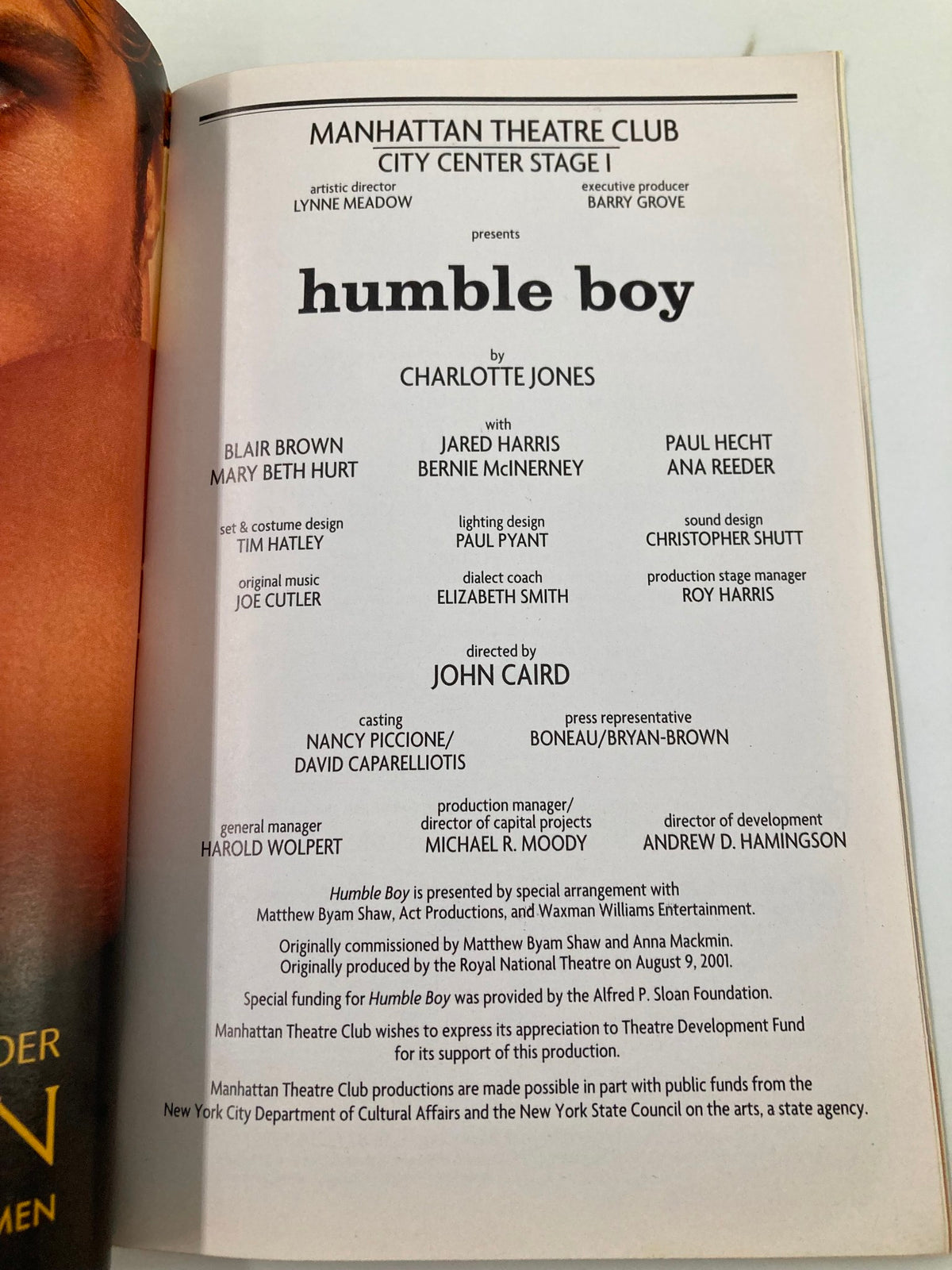 2003 Playbill from the Manhattan Theatre Club production of Humble Boy, featuring credits and cast details including Blair Brown and Jared Harris.