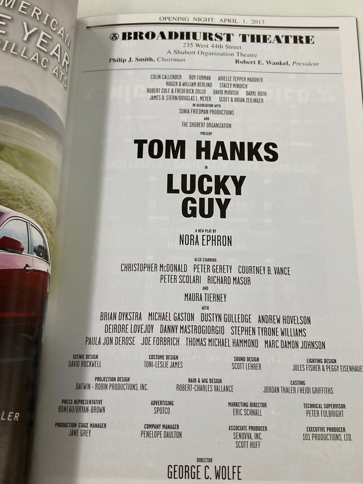 Cast and crew list from the opening night of the 2013 Playbill for Lucky Guy starring Tom Hanks.