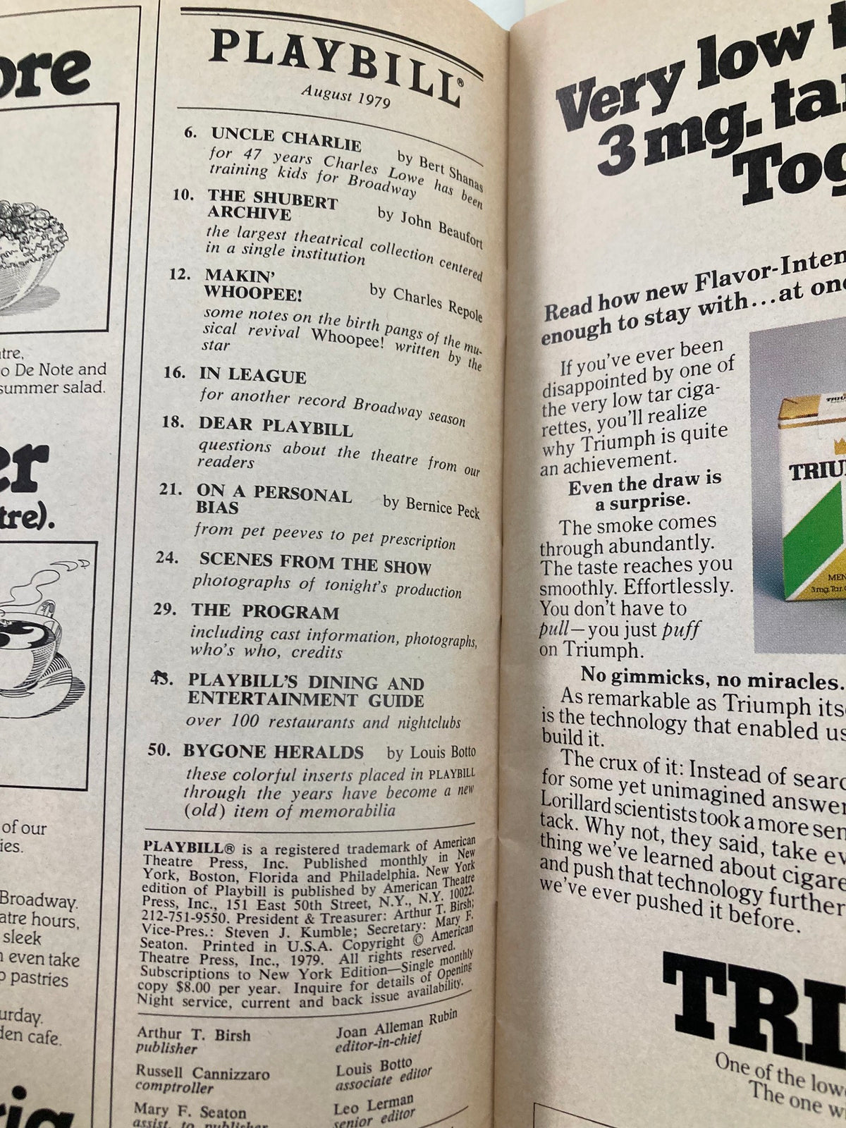 Interior page of the 1979 Playbill from Trafalgar Theatre featuring a detailed list of productions, including 'Uncle Charlie' and 'In League'.