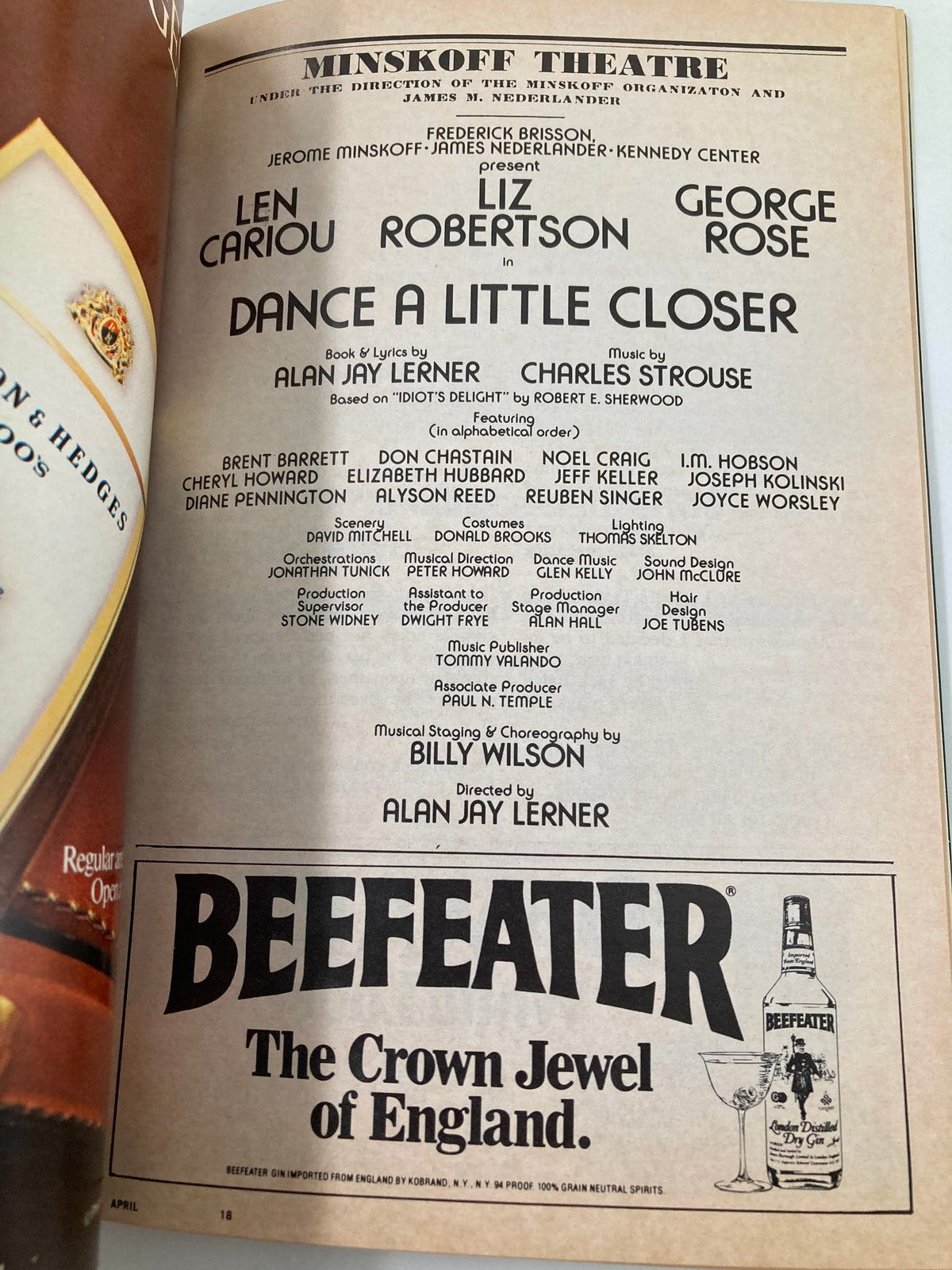 Inside page of the April 1983 Playbill from the Minskoff Theatre showcasing the cast and crew of 'A Little Closer,' including Len Cariou, Liz Robertson, and director Alan Jay Lerner.