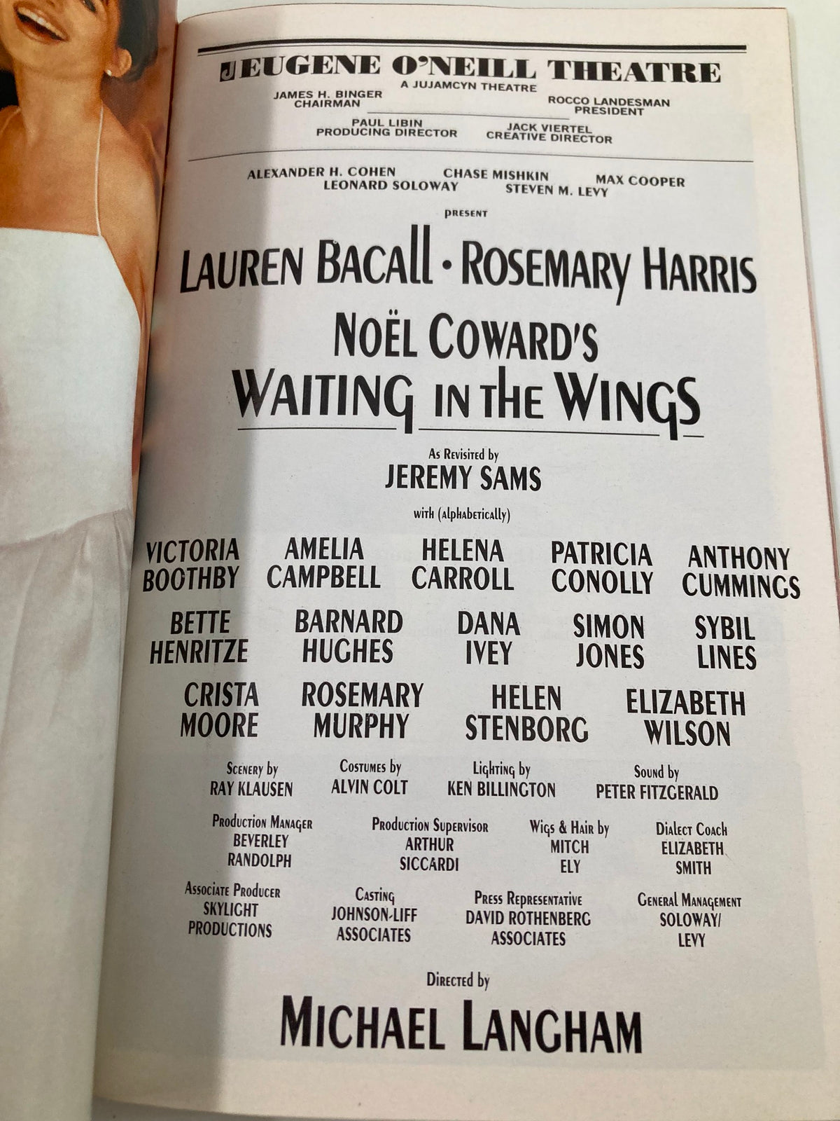2000 Playbill from Eugene O'Neill Theatre, credits page listing cast and creative team for 'Waiting in the Wings', starring Lauren Bacall.
