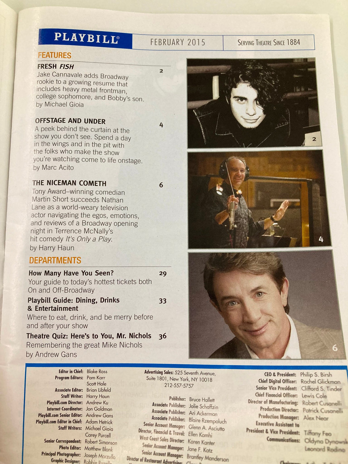Inside pages of the 2015 Playbill for the Longacre Theatre production of You Can't Take It With You, featuring articles and features related to Broadway performances.