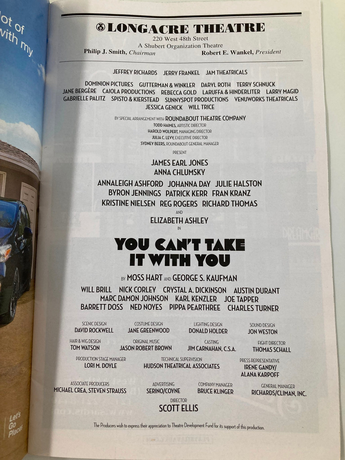 Back page of the 2015 Playbill for You Can't Take It With You at Longacre Theatre, highlighting cast members including James Earl Jones and production credits.