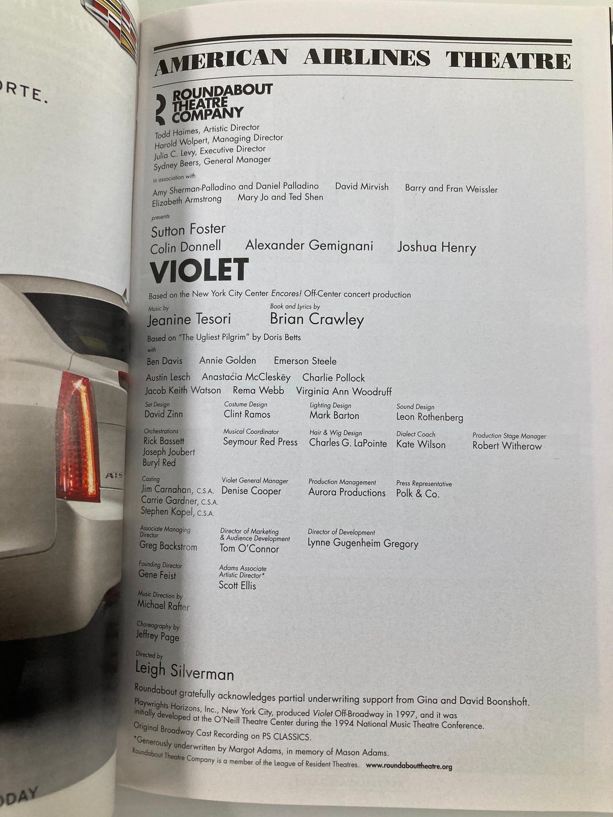 Credits page of the 2014 Playbill for Violet, listing the talented cast and crew including Sutton Foster and Colin Donnell, highlighting the production's creators.