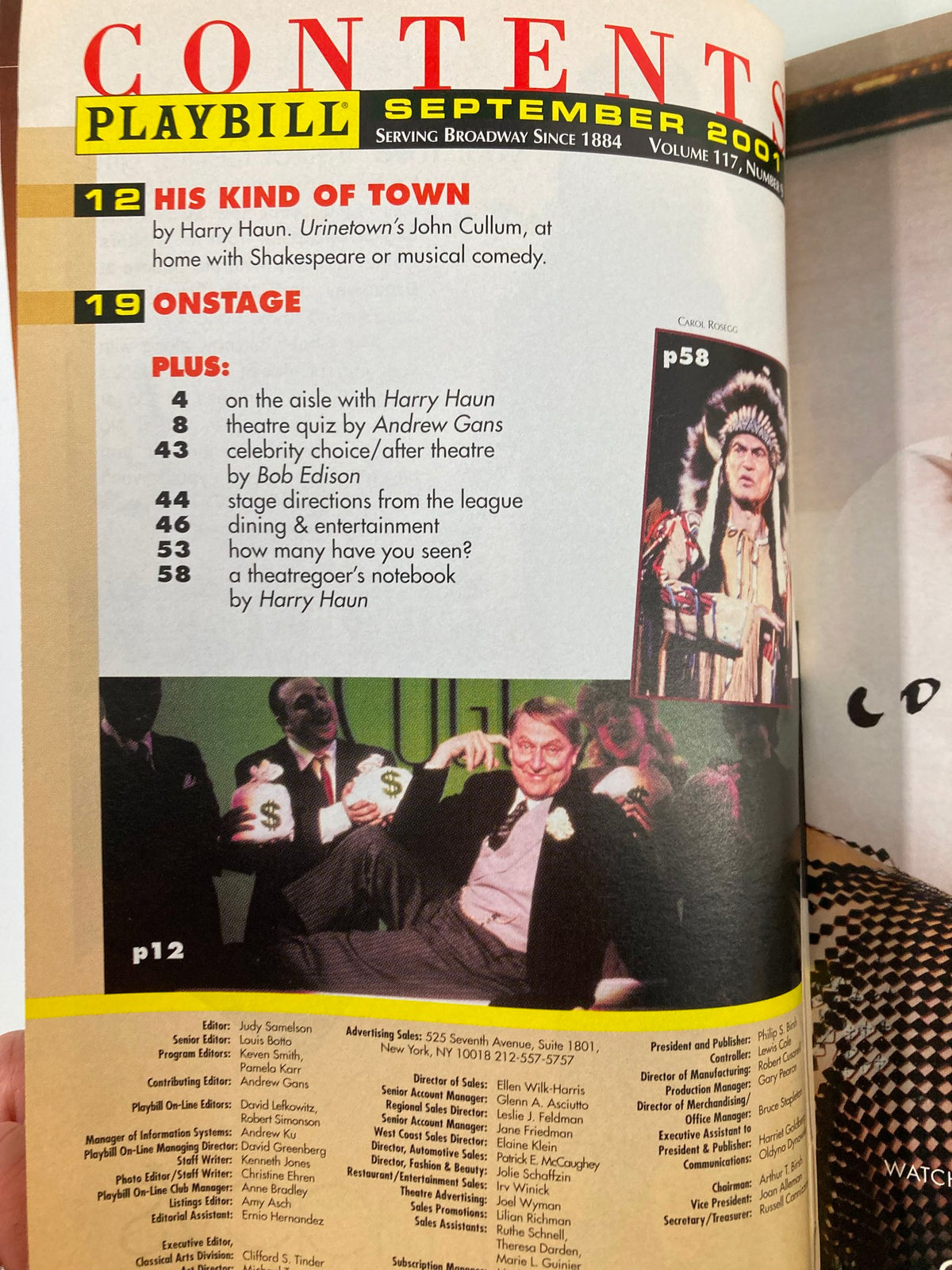 Contents page of the September 2001 Playbill, includes features and articles related to Broadway.