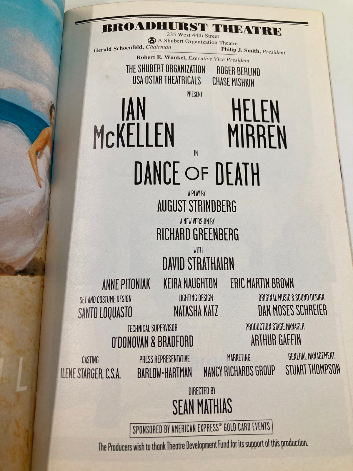 Credits page of the Broadhurst Theatre's 2001 Playbill for Dance of Death, featuring Ian McKellen and Helen Mirren.