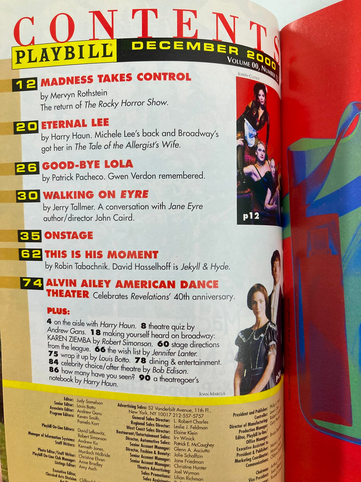 Inside contents page of the 2000 Playbill from St. James Theatre, detailing upcoming performances and highlights, including the musical 'Swing!'.