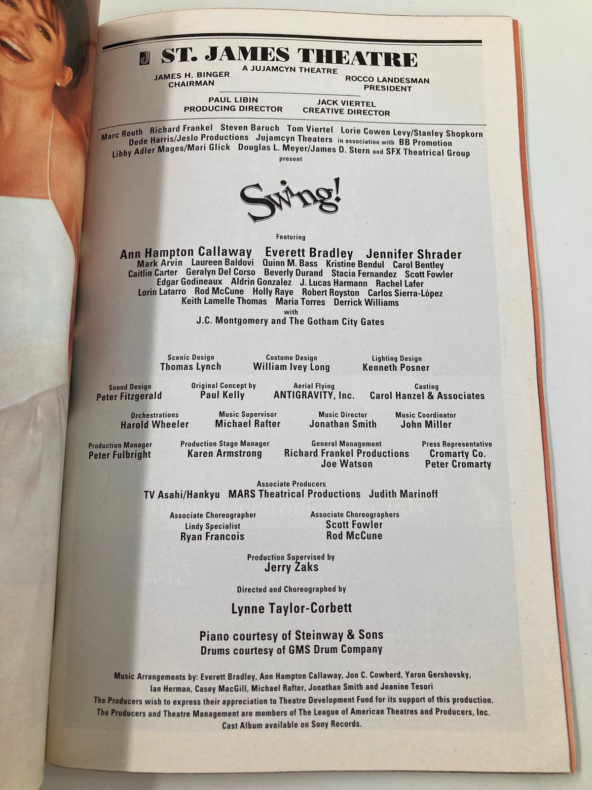 Credits page from the 2000 Playbill of 'Swing!' at St. James Theatre, listing the cast and creative team, highlighting Ann Hampton Callaway and Everett Bradley.