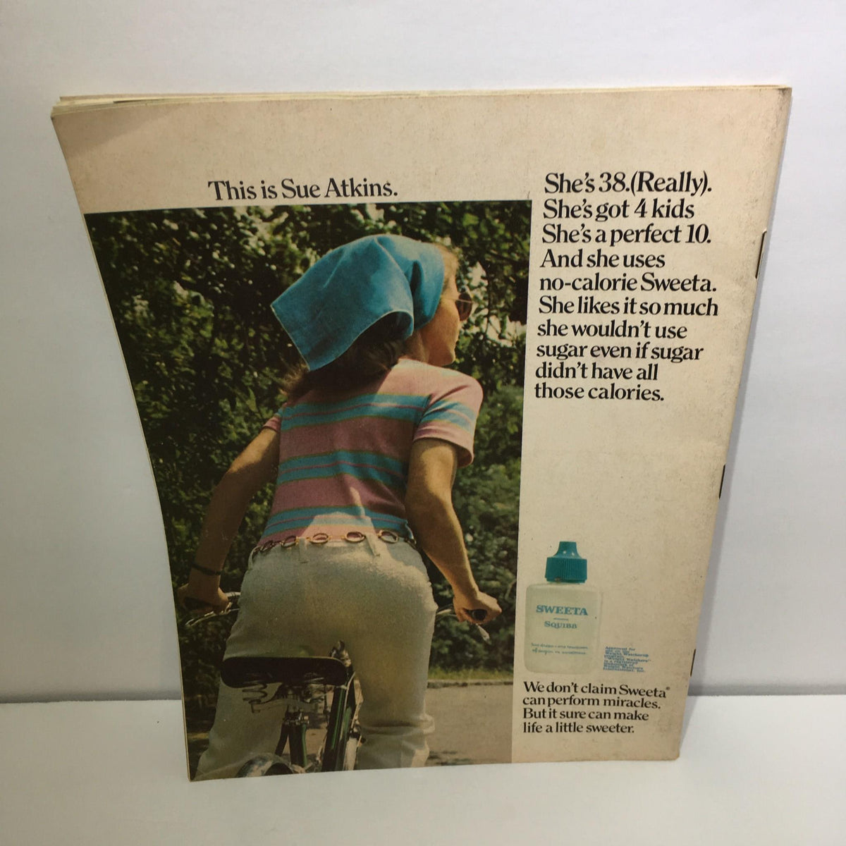 Back cover of Weight Watchers Magazine September 1969 featuring an advertisement with Sue Atkins promoting a no-calorie product, linking health and wellness.
