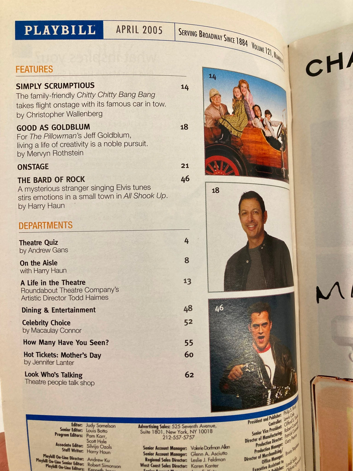 Inside page of the 2005 Playbill for Hurly Burly, showcasing features and advertisements including Broadway attractions from April 2005.