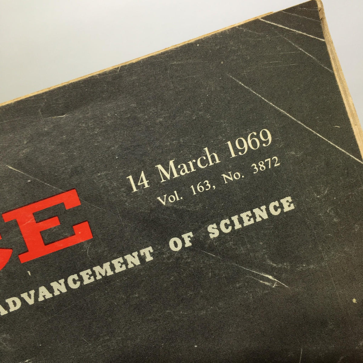 Detailed view of the publication date and volume number on the cover of Science Magazine, March 14, 1969, Vol 163 No. 3872.