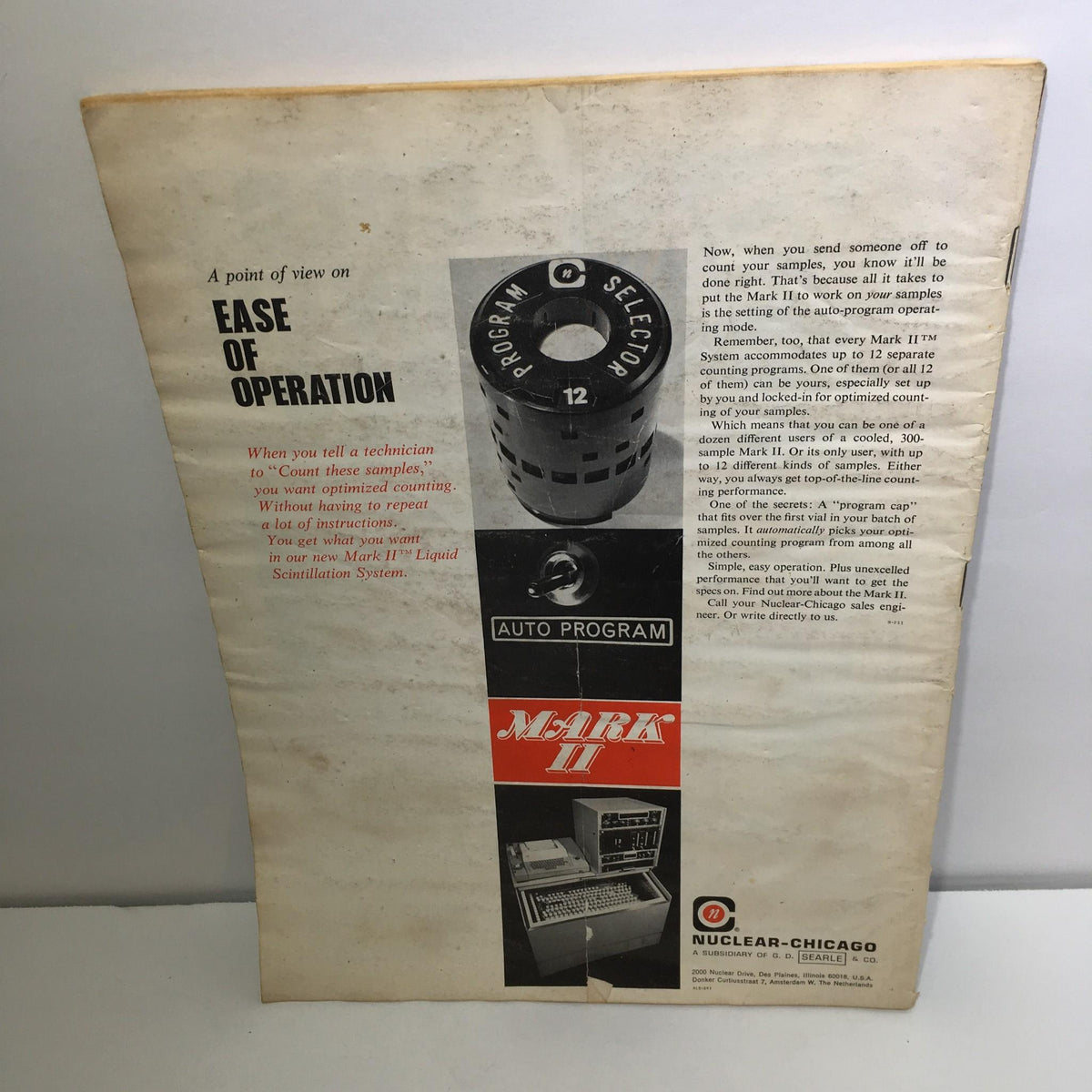 Back cover of Science Magazine March 14 1969 Vol 163 No. 3872 featuring an advertisement related to the Mark II Liquid Scintillation System.