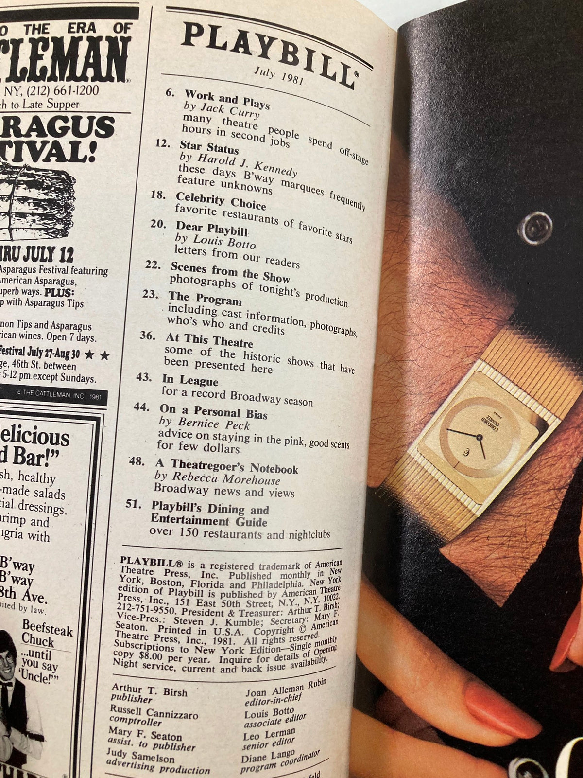 Inside page of the July 1981 Playbill from Mark Hellinger Theatre, containing various articles and features related to theatrical performances.
