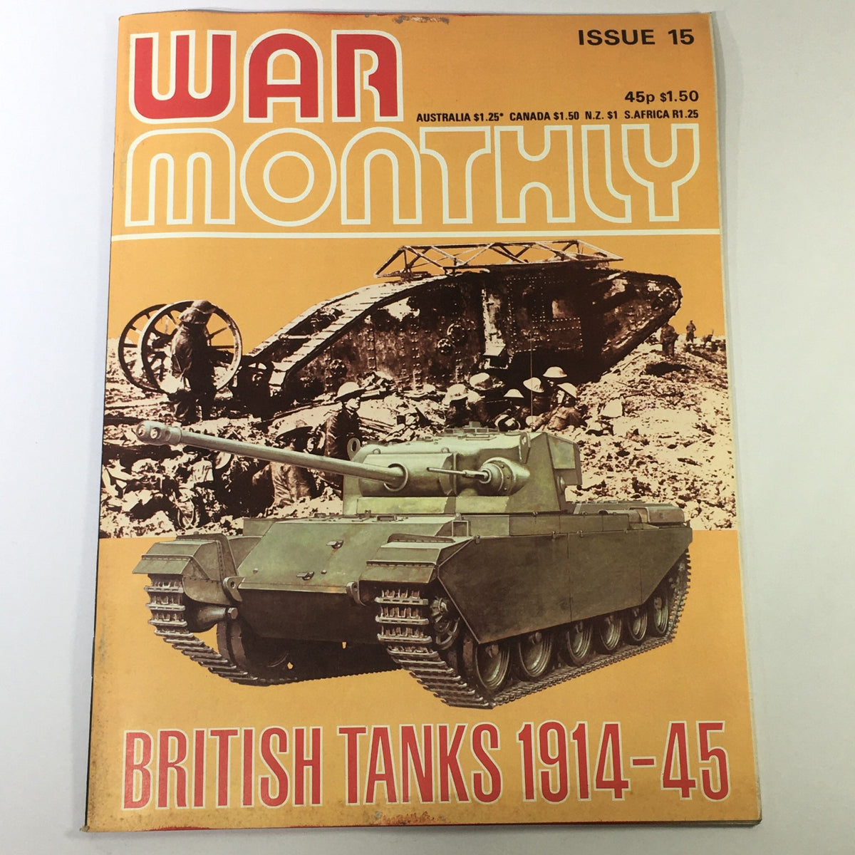 Cover of VTG War Monthly Issue 15 June 1975 featuring British Tanks from 1914-45 and illustrations related to military history.