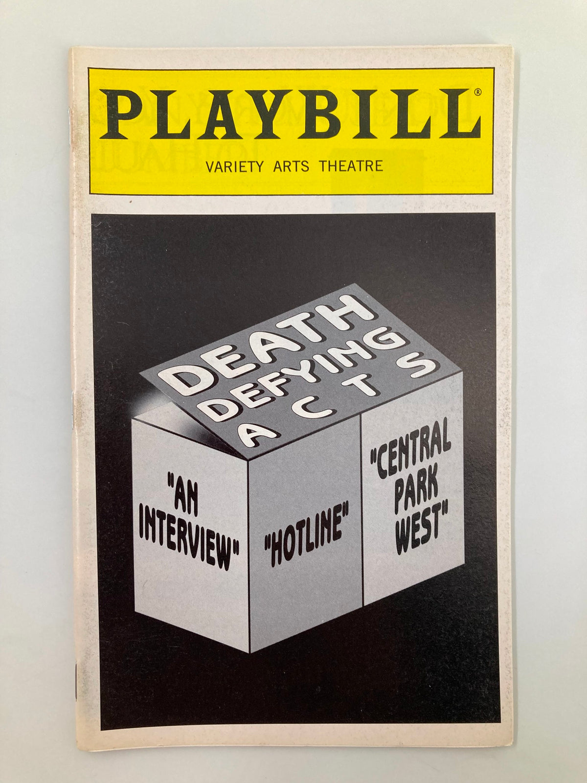 1996 Playbill for the Variety Arts Theatre featuring Valerie Harper in Death Defying Acts, showcasing an iconic black and white cover design.