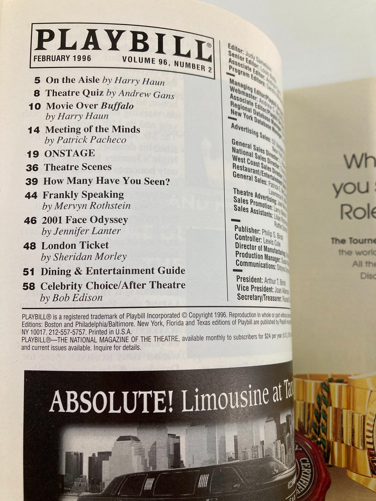 Inside page of the February 1996 Playbill, Volume 96, Number 2, listing articles and features including an interview and entertainment sections.