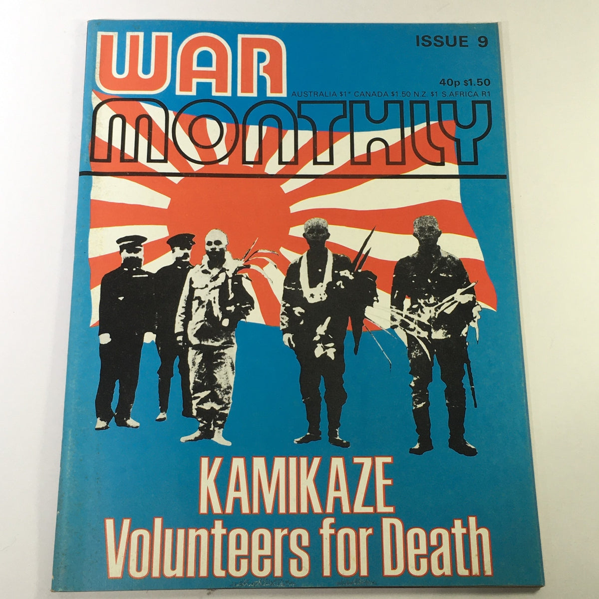 Cover of VTG War Monthly Magazine Issue 9 December 1974 featuring a striking design with silhouettes of soldiers against a red and white background, highlighting the themes of Undersea Kamikaze and V2 Rocket.