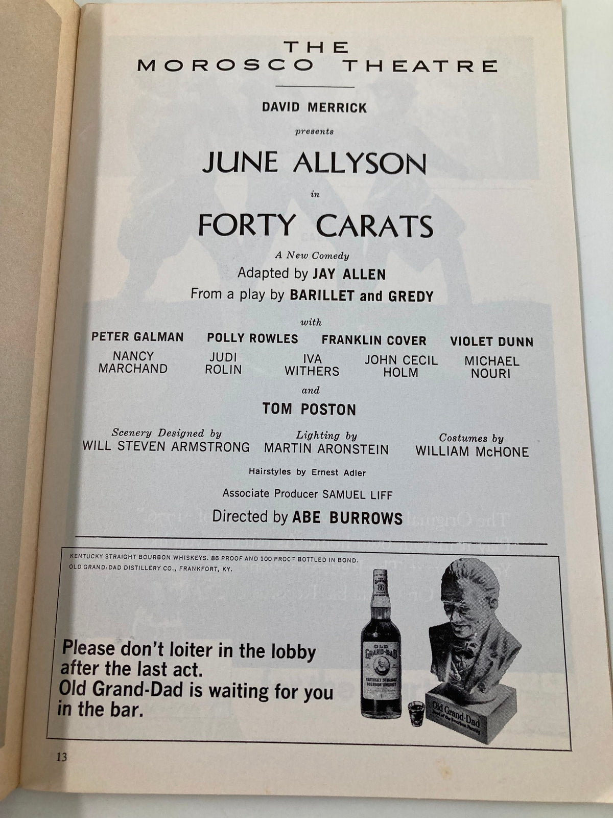 1970 Playbill from the Morosco Theatre showcasing June Allyson and Tom Poston in Forty Carats, a comedy directed by Abe Burrows.