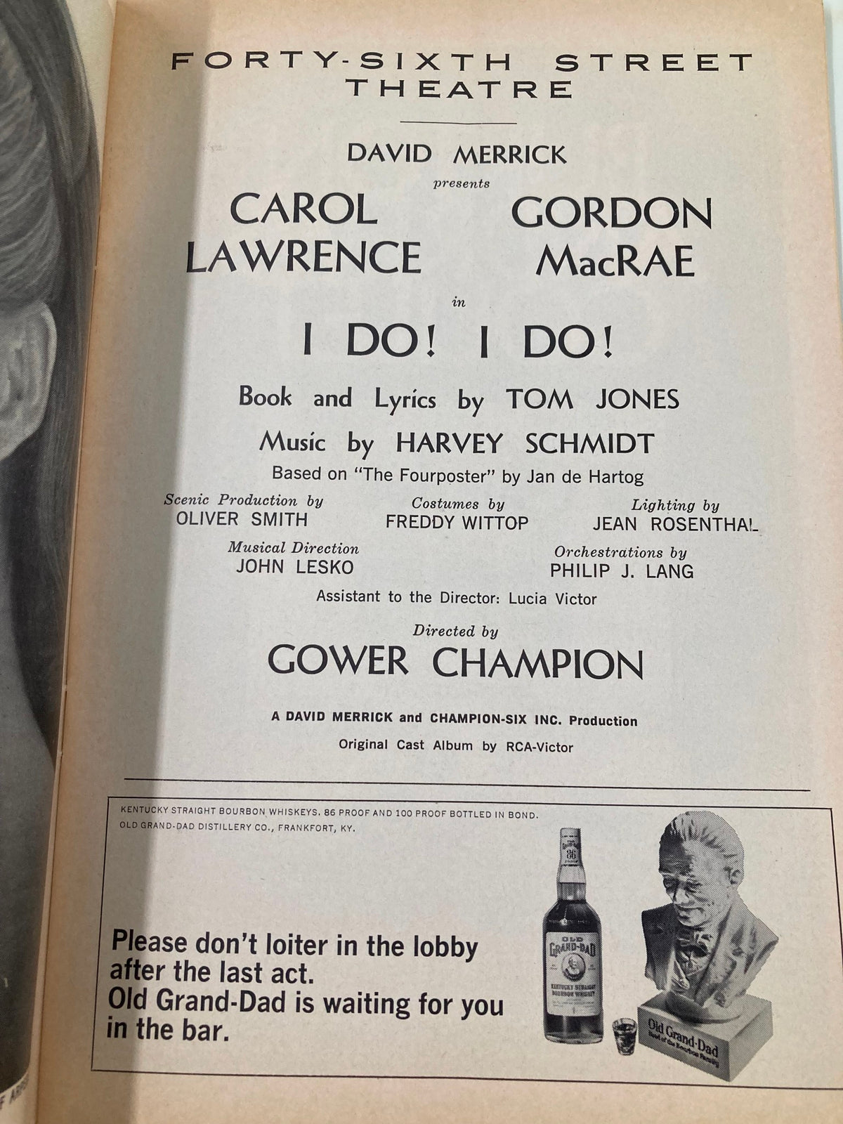 Cast page of the 1967 Playbill for I Do I Do, highlighting Carol Lawrence and Gordon MacRae, part of the historic performance at the 46th Street Theatre.