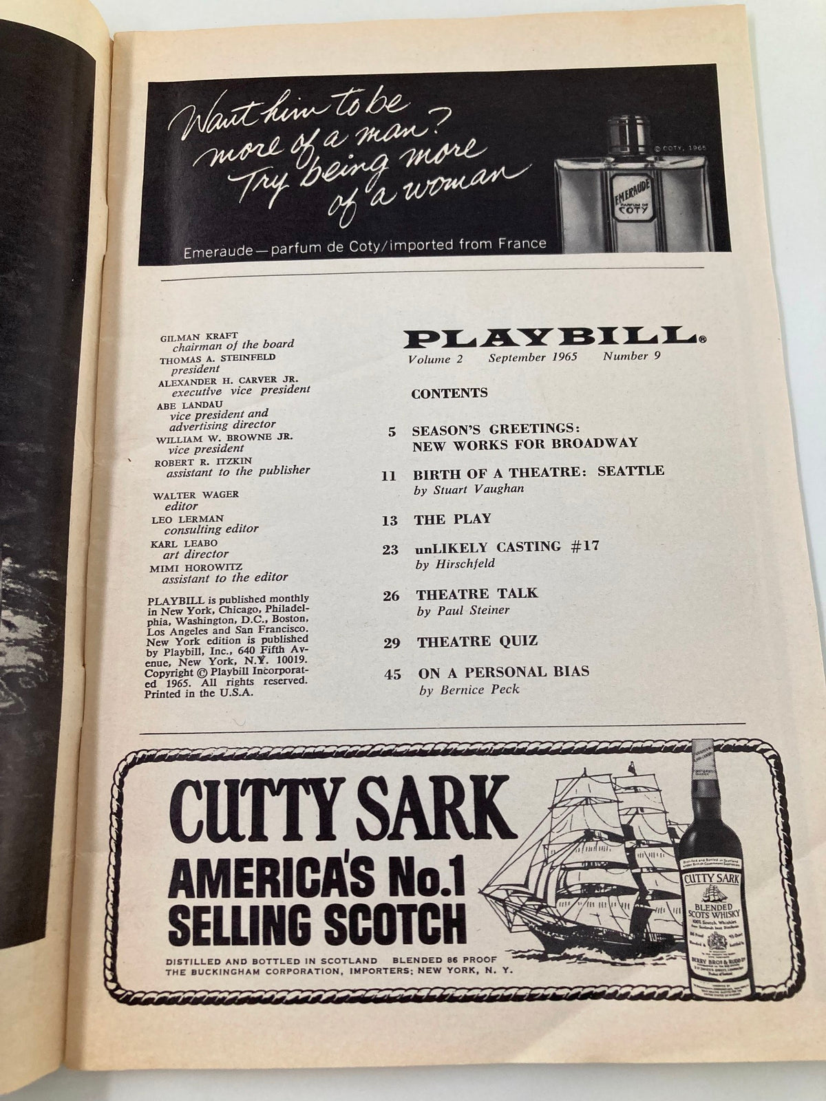 Interior page of the 1965 Playbill from Majestic Theatre for The New Musical Golden Boy, featuring content details and advertisements.