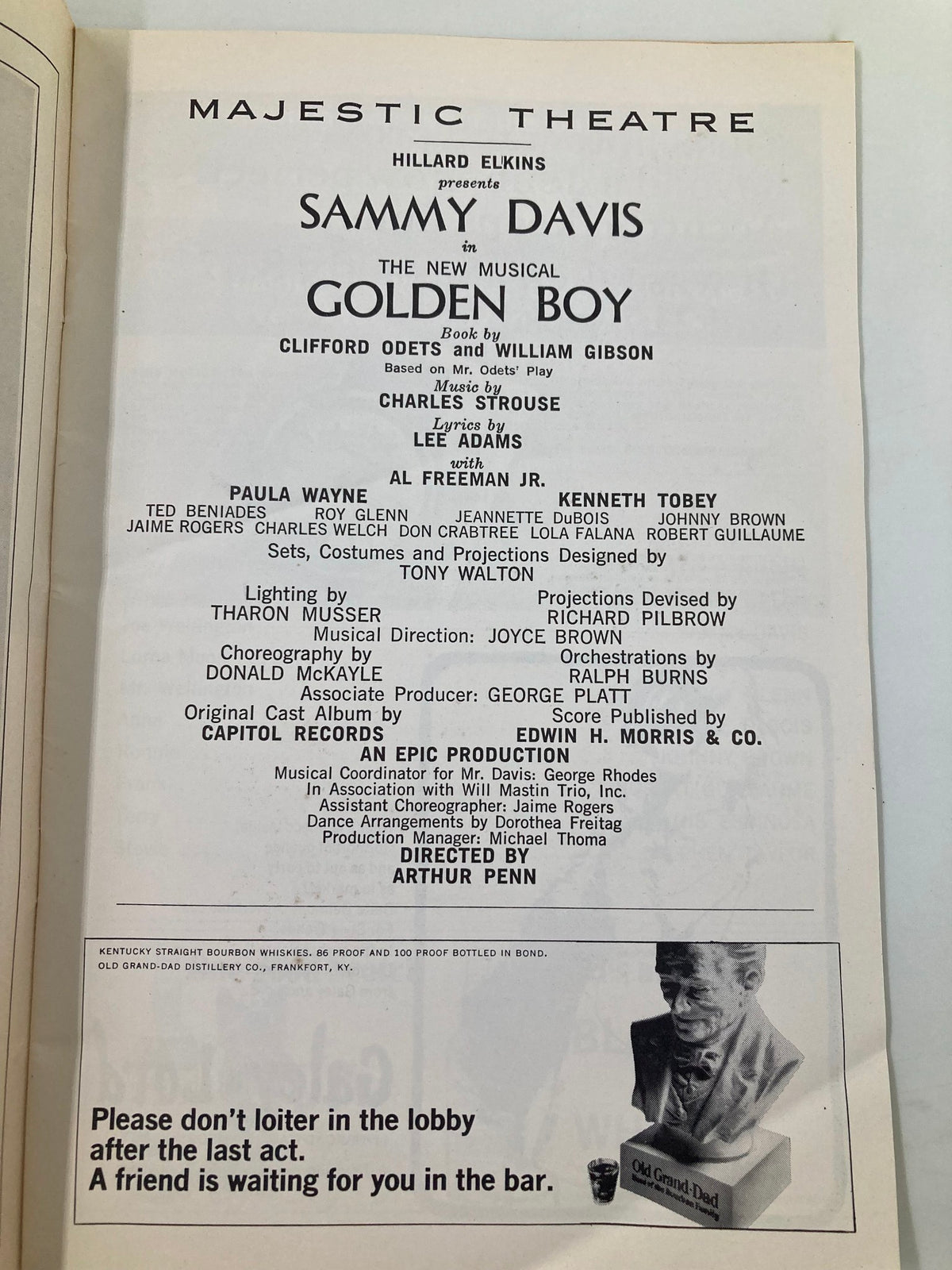 Cast and crew page from the 1965 Playbill from Majestic Theatre highlighting Sammy Davis Jr. in The New Musical Golden Boy, with featured names and credits.