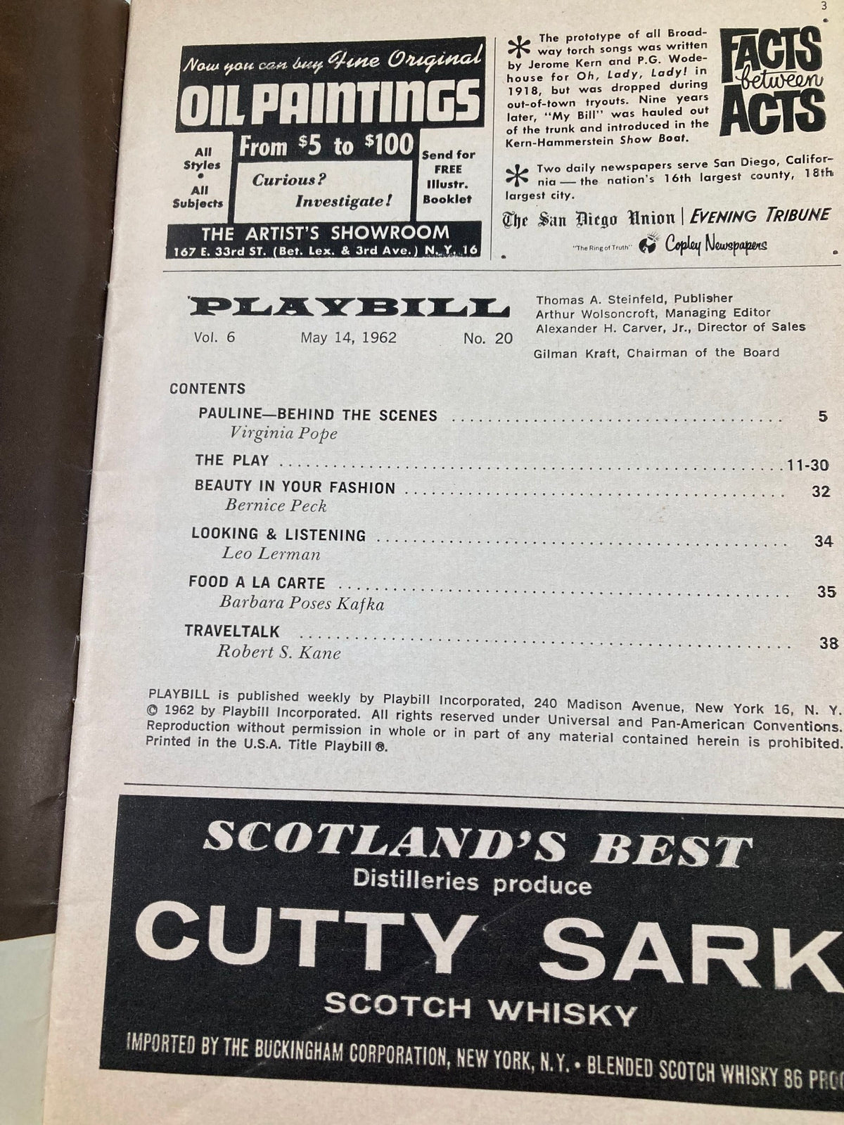 Interior page of the 1962 Playbill for 'Mary Mary', detailing contents including features on Virginia Pope and promotional advertisements.