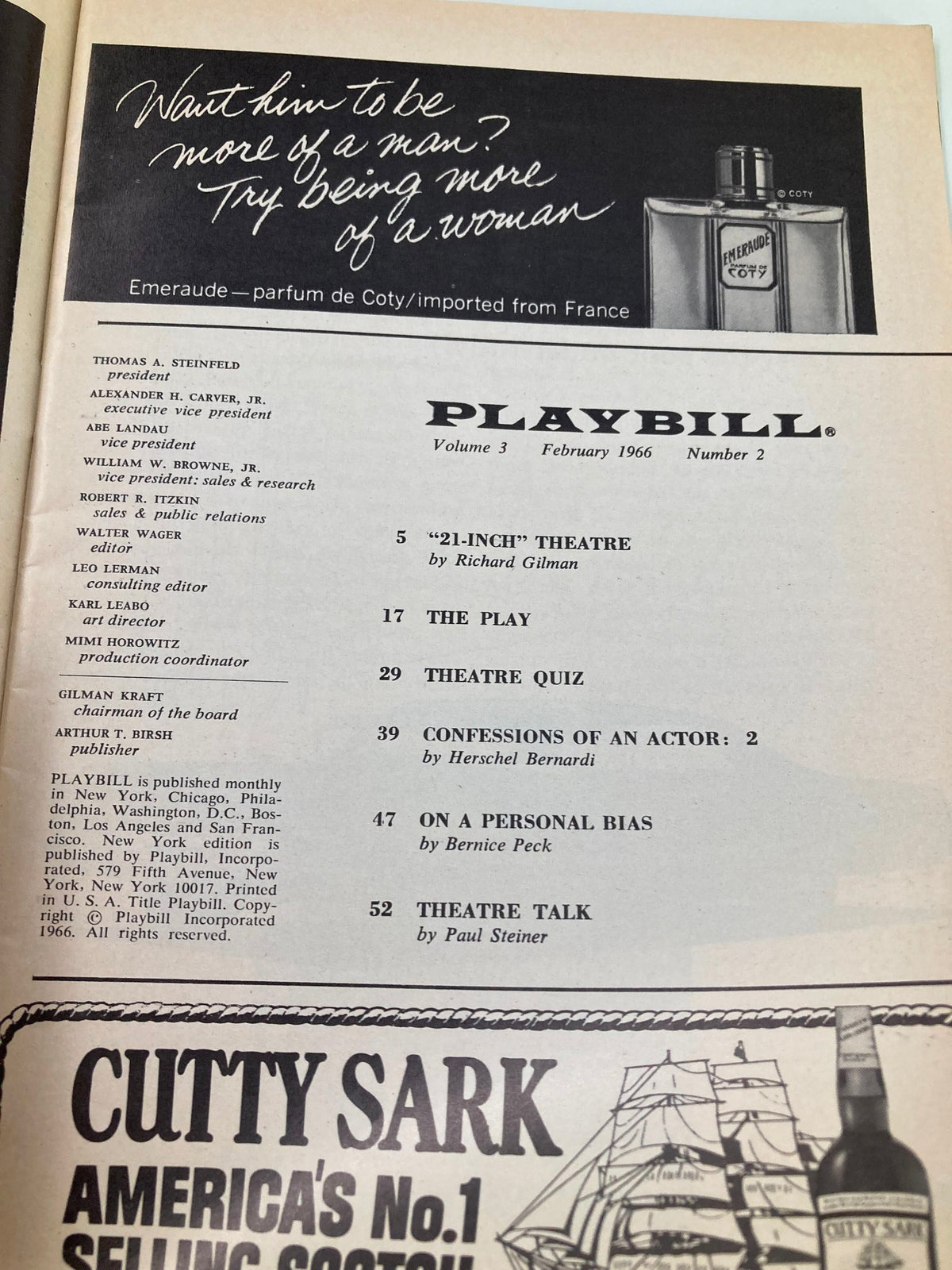 Interior page of the 1966 Playbill for 'A New Comedy Generation,' featuring the table of contents and articles related to classic theater.