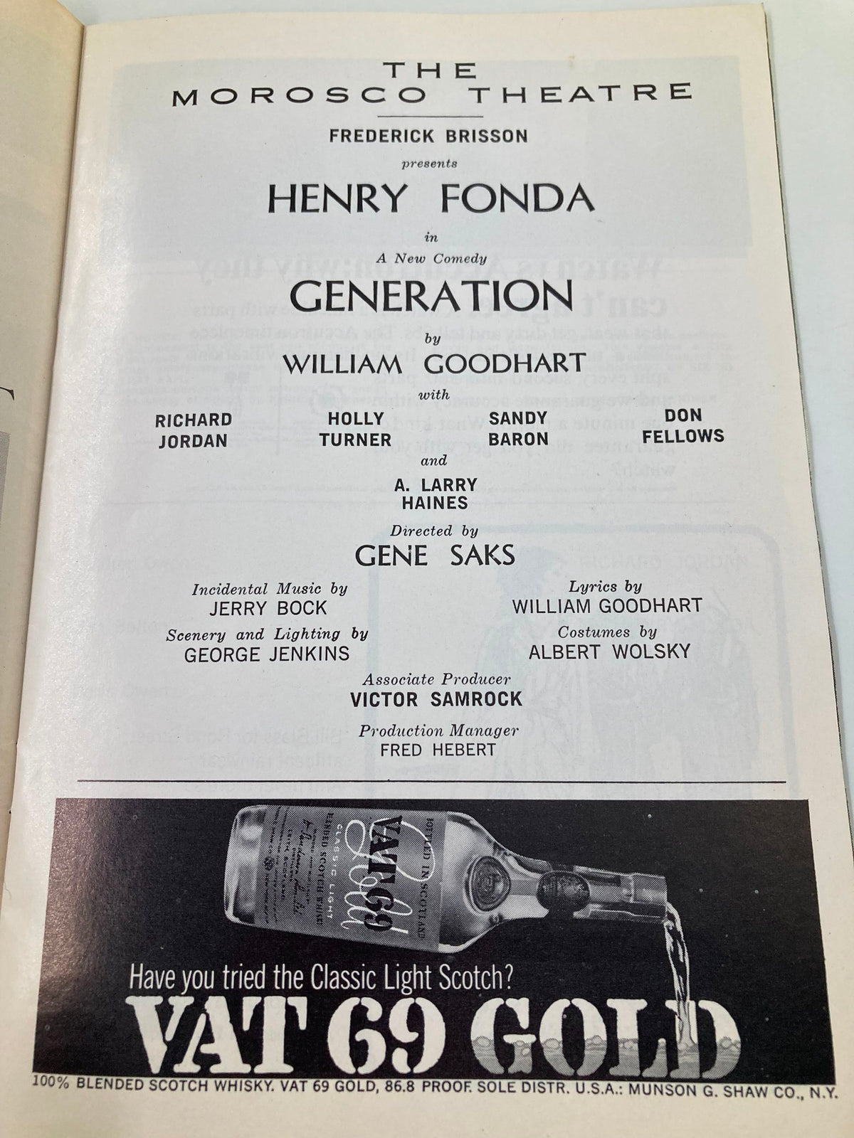 Another interior page of the 1966 Playbill for 'A New Comedy Generation' detailing the production credits, cast, and production team.