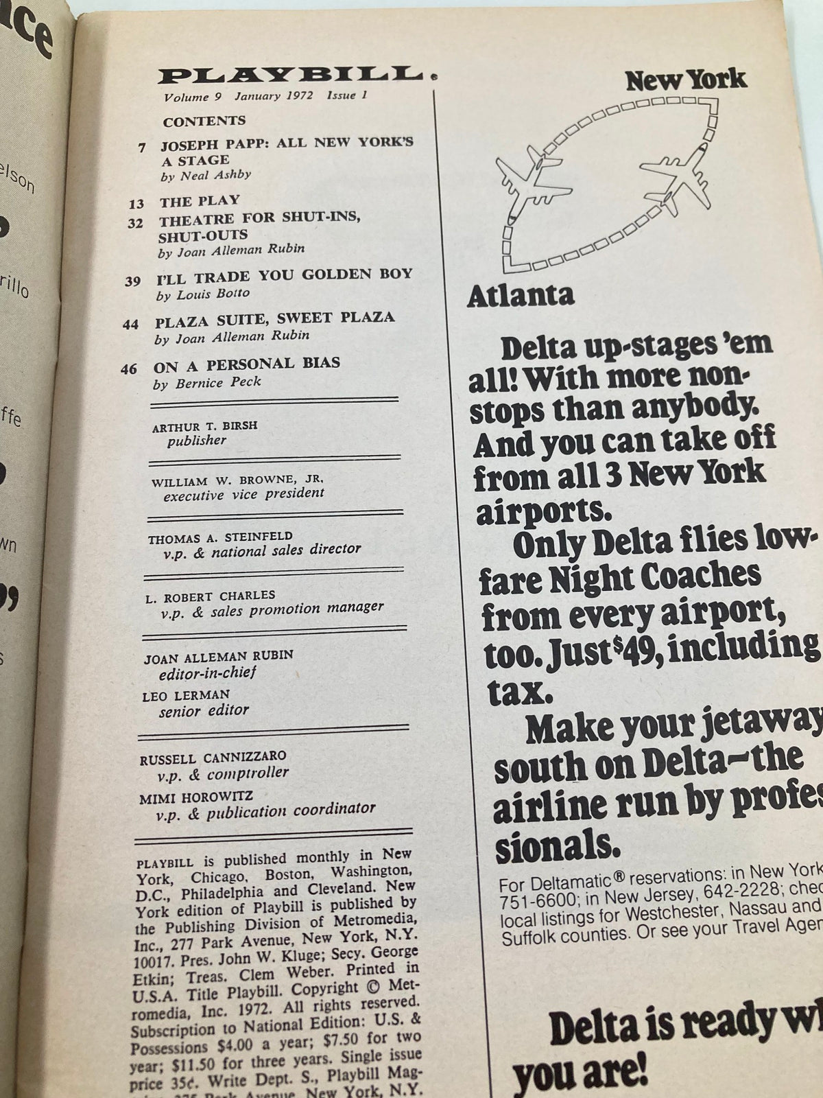 Inside page of the 1972 Playbill from Ethel Barrymore Theatre, listing the contents and credits for 'Inner City: A Street Cantata' with detailed information on the show.