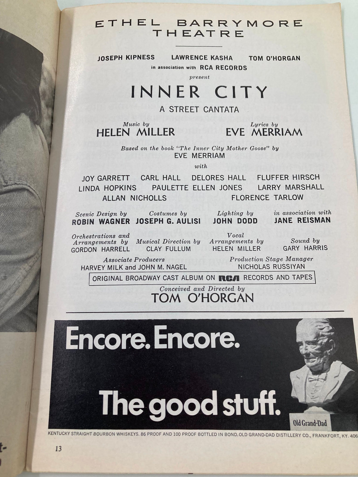 Another inside page of the 1972 Playbill from Ethel Barrymore Theatre, featuring cast details and production information for 'Inner City: A Street Cantata' by Joy Garrett.