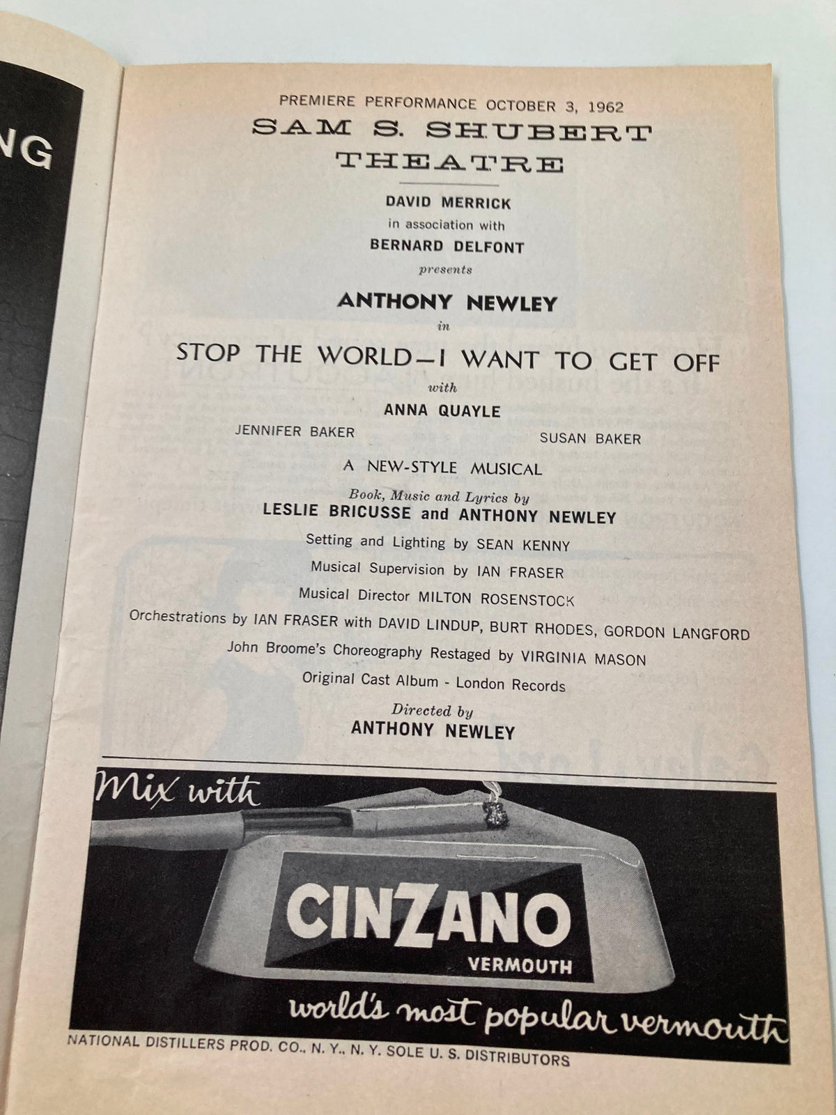 1962 Playbill from Sam S. Shubert Theatre for 'Stop The World I Want To Get Off', highlighting cast and crew credits, including Anthony Newley and Anna Quayle.