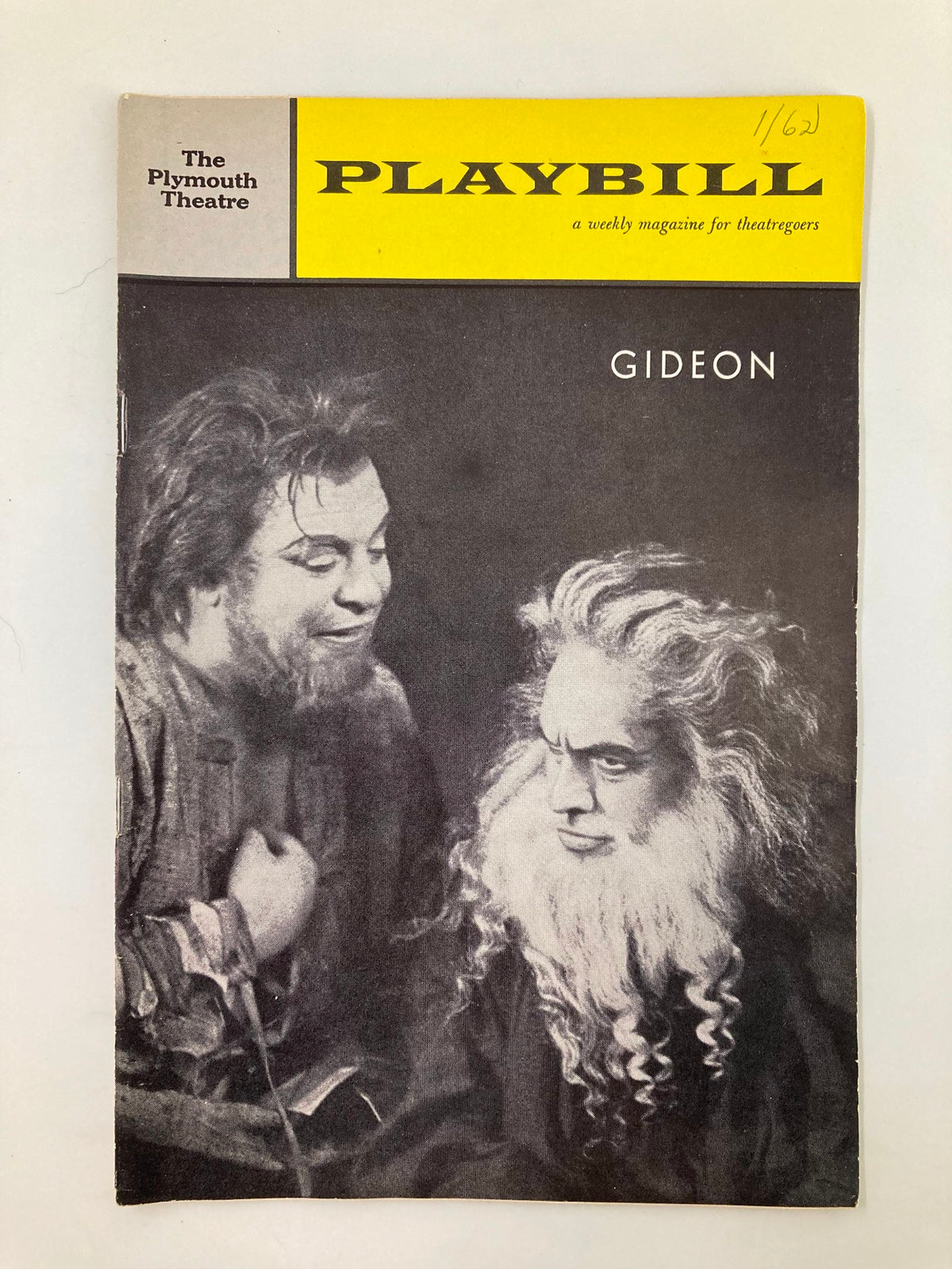 1962 Playbill from The Plymouth Theatre featuring Fredric March and Douglas Campbell in the production of Gideon, showcasing a dramatic black and white photograph of the two actors.