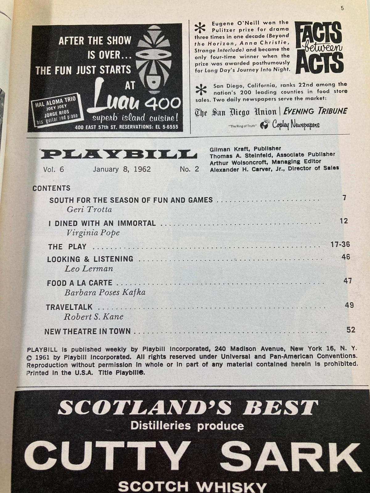1962 Playbill from The Plymouth Theatre, contents page including articles about stage performances and event details.