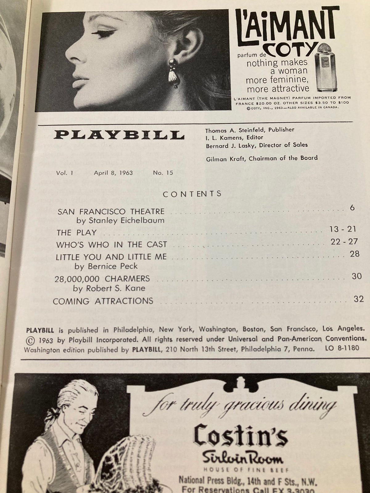 Interior page of the 1963 Playbill for The School for Scandal with contents listed, part of historical theatre memorabilia.