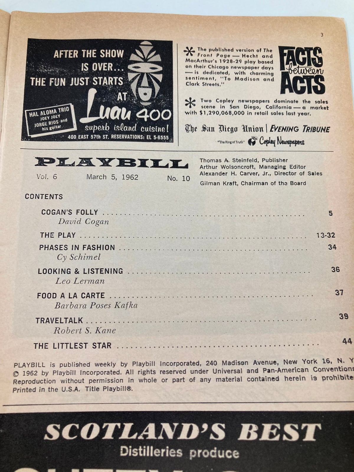 Interior page of the 1962 Playbill, showcasing various plays listed, including 'Cogan's Folly' and 'The Play,' relevant to the theater scene of that era.