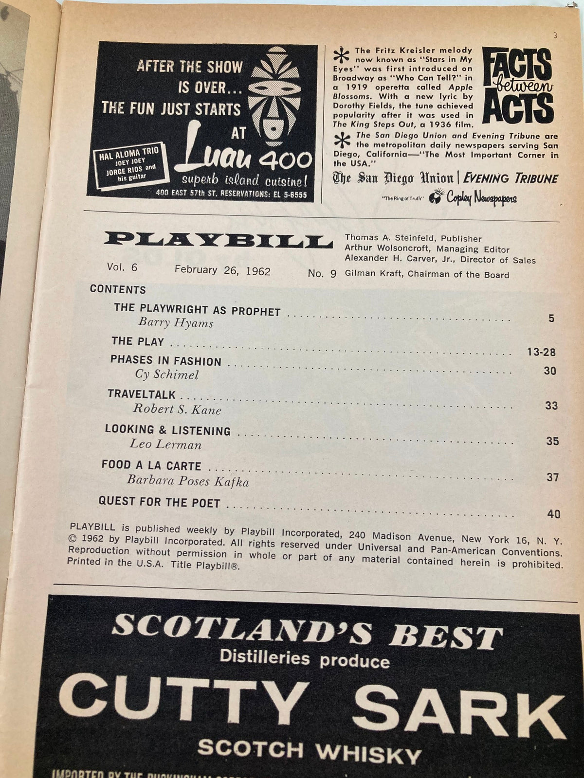 Inside view of the 1962 Playbill for A Passage to India, displaying the contents page with articles and play details.