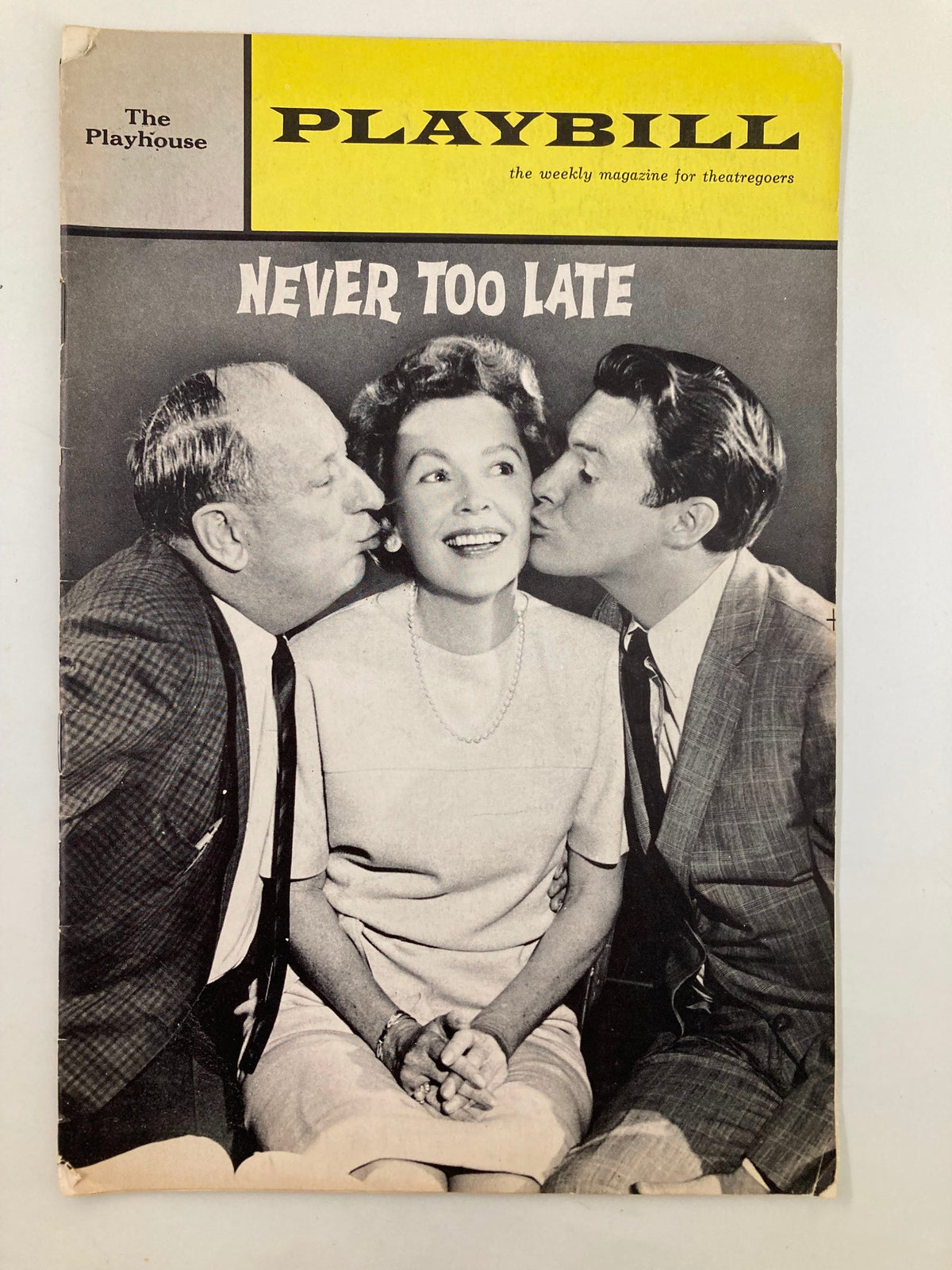 1963 Playbill for 'Never Too Late' featuring Paul Ford and Maureen O'Sullivan, showcasing the classic theater production at The Playhouse.