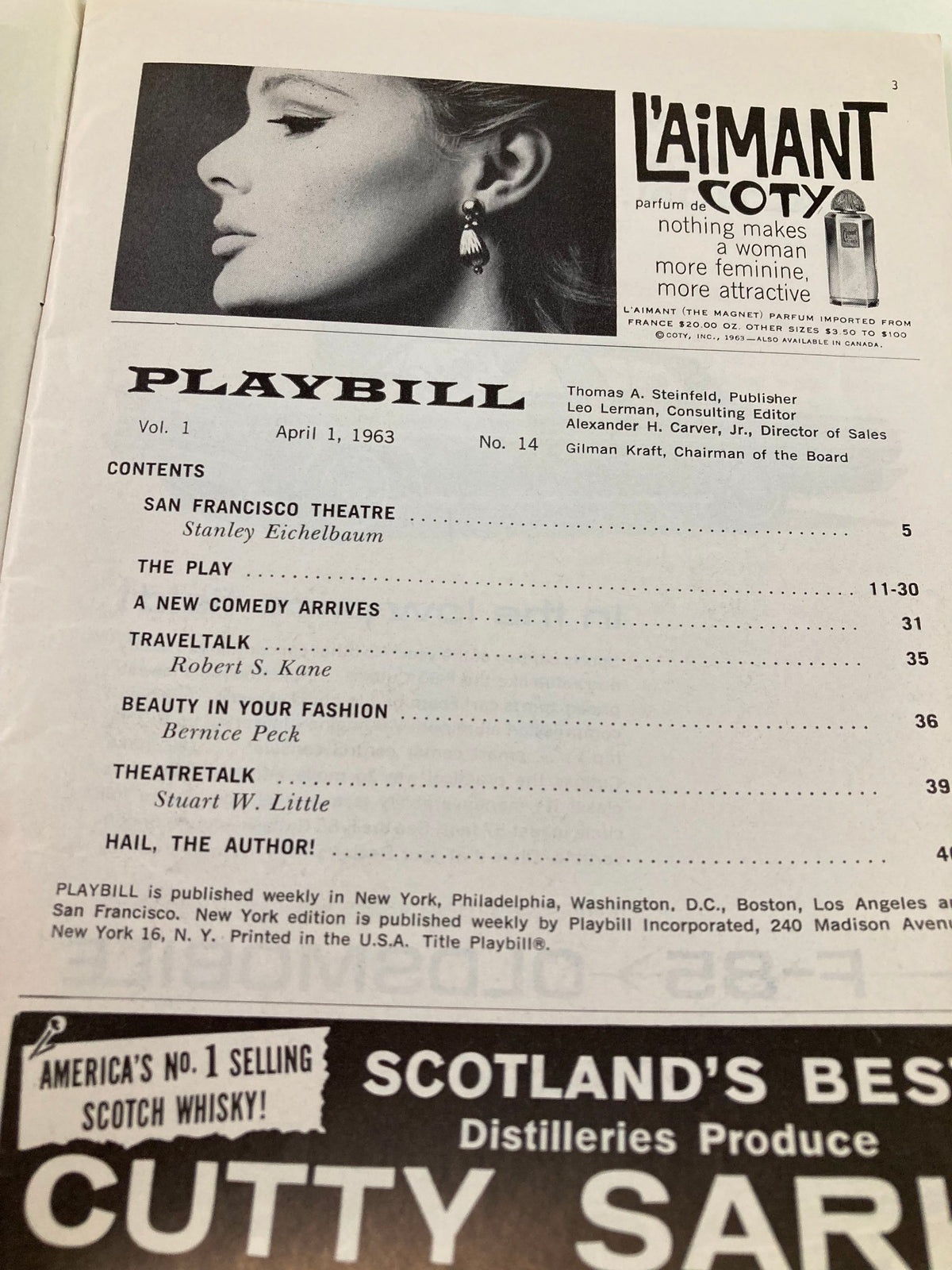 1963 Playbill for 'Never Too Late' featuring a profile image of a woman with jewelry, showcasing contents including various theater articles.