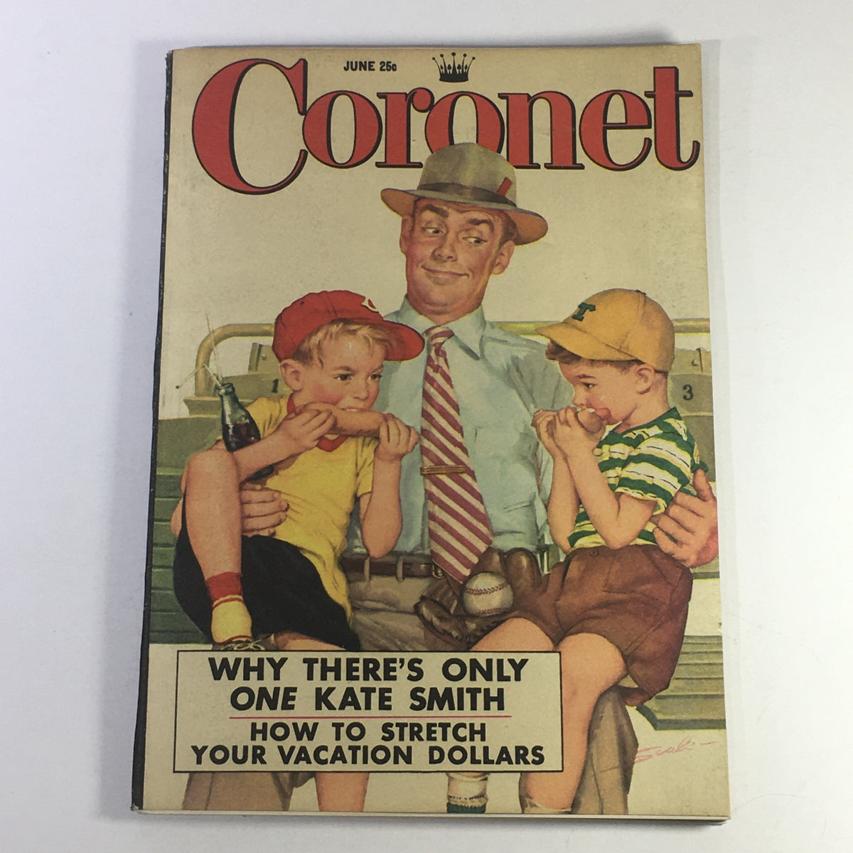 VTG Coronet Magazine June 1952 cover featuring children enjoying snacks and a man in a hat, with the headline "Why There's Only One Kate Smith - How to Stretch Your Vacation Dollars."