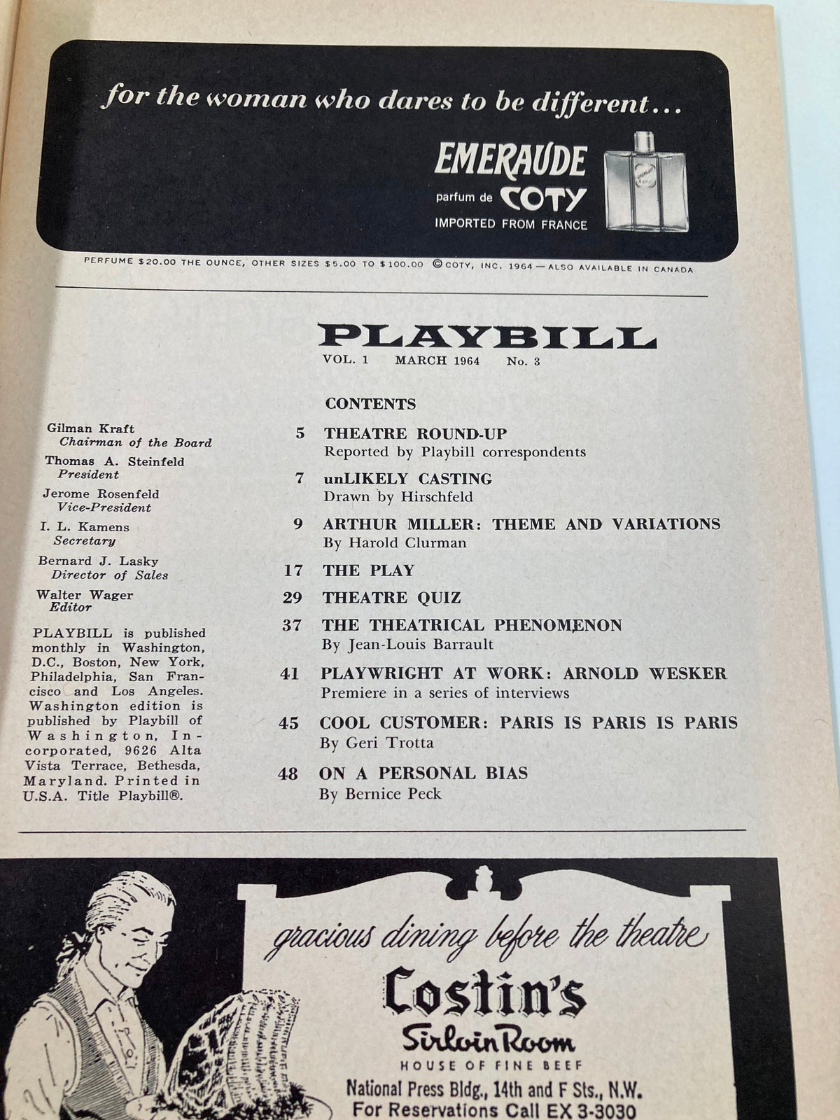 Back cover of a 1964 Playbill with contents listing and advertisements, representing theatre culture and magazine design of the time.
