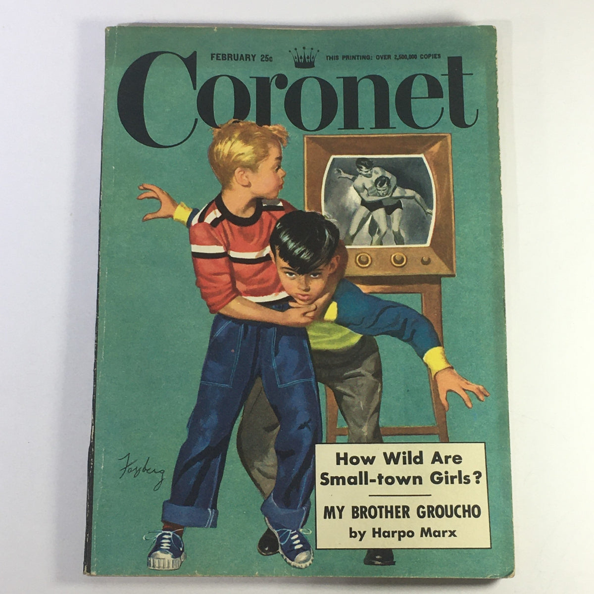 Cover of VTG Coronet Magazine, February 1951 edition, featuring the title 'My Brother Groucho' by Harpo Marx. The illustration shows two boys, one in a red and black striped shirt and the other in a blue shirt, interacting in front of a vintage television.