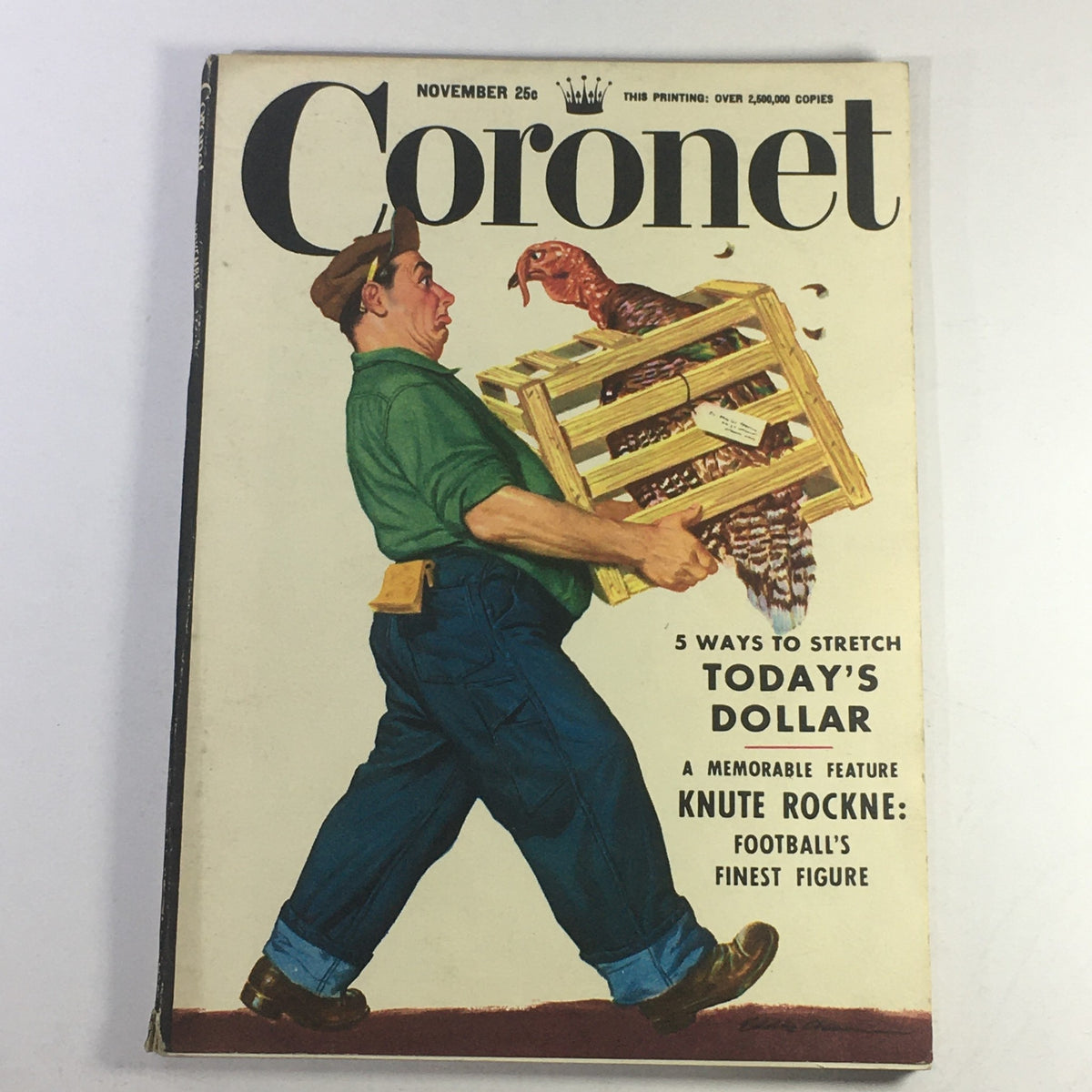 Cover of VTG Coronet Magazine from November 1951 featuring a memorable feature on footballer Knute Rockne, showcasing a man carrying a crate with a turkey, with the title prominently displayed.